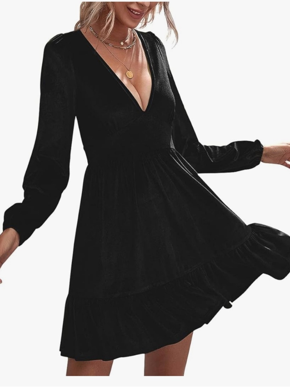 Fancyinn Black V-Neck Long Sleeve Ruffle Hem Mini Dress